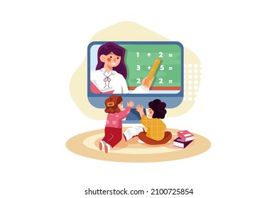 Kids studying at home via internet Illustration concept. Flat illustration isolated on white background