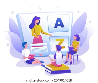 Kids studying languages with online teacher, flat vector illustration. English language class, course. Online education, tutoring, home schooling, distance learning.