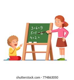 Kids studying math. Girl pointing at math arithmetic expression on chalk blackboard, boy sitting at desk listening. Children learning mathematics. Preschool education. Flat vector illustration.