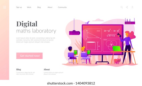 Kids Studying Mathematics In Digital Classroom With Teacher, Tiny People. Math Lessons, Digital Maths Laboratory, Math Tutoring Classes Concept. Website Homepage Header Landing Web Page Template.