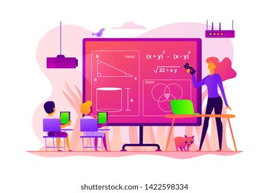 Kids studying mathematics in digital classroom with teacher, tiny people. Math lessons, digital maths laboratory, math tutoring classes concept. Vector isolated concept creative illustration.