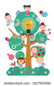 kids studying on tree with different education object,School tree of knowledge and children education, Flat style vector illustration 