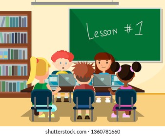 Kids Studying Online in Classroom with Laptops Banner Vector Illustration. Children Sitting at Table and Learning at School. Blackboard, Shelf with Books. IT Lessons with Computers.