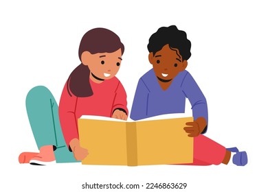 Estudiantes infantiles, aprendizaje de niñas y niños, lectura historias narrativas aisladas en fondo blanco. Caracteres leyendo libro sentados en el piso. Concepto de educación y conocimiento. Ilustración del vector de dibujos animados