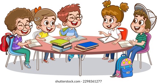 kids studying together.school library and studying together cartoon vector