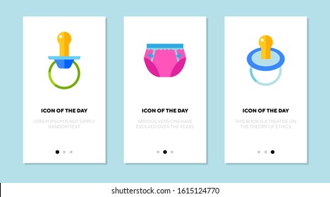 Kids stuff flat vector icon set. Pacifiers and diaper for babies isolated outline sign pack. Infant concept. Vector illustration symbol elements for web design and apps.