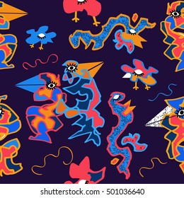 kids style birds pattern.abstract exotic bird with eyes