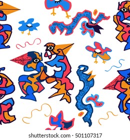 kids style birds pattern.abstract exotic bird with eyes.white background