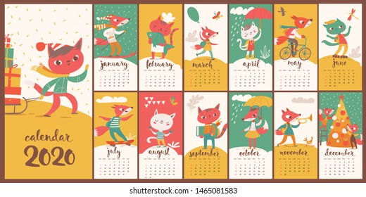 Kids style cartoon vector 2020 calendar with funny foxes and cats. Best decoration for children room. Different life situations. 