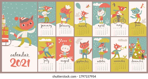 Kids style cartoon vector 2021 calendar with funny foxes and cats characters. Vintage or retro style nice decoration for children room. Different life situations.