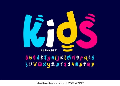 Kids style colorful font design, playful childish alphabet, letters and numbers vector illustration - Shutterstock ID 1729670332