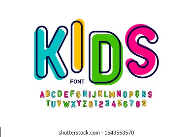 Kids style colorful font, playful alphabet letters and numbers vector illustration