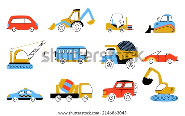 Kids style construction\
transport. Funny transportation children vehicle. Digger and truck,\
doodle tractor excavator. Funny childish nowaday vector\
stickers