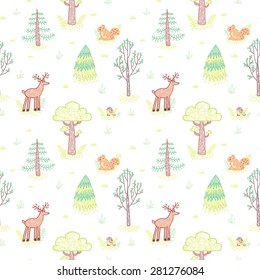 Kids style drawing doodle trees vector seamless pattern. Pastel colors.