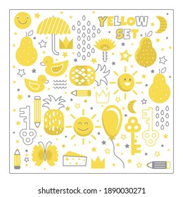 Kids style funny yellow collection with cute kids style objects. Set on white background with yellow art - sun, duck, moon, stars, flower, golden key, pencil, crown, pear. Graphic elements bicolor.