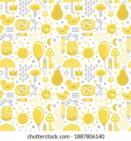 Kinder sind ein lustiges gelbes Muster mit süßen Objekten im Kinderstil. Drucken Sie auf weißem Hintergrund mit gelber Kunst - Sonne, Ente, Mond, Sterne, Blume, goldener Schlüssel, Bleistift, Krone, Birne. Grafische Elemente bicolor.