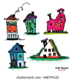 Kids style houses illustration vector picture. Picture set