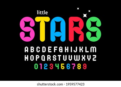 Kids style Little Stars font, childish typography design, alphabet letters and numbers vector illustration