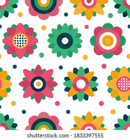Kids style modern pattern with repeated geometric flowers different colors. Flowers ornaments on white background. Cute pink, yellow and green colors backdrop.