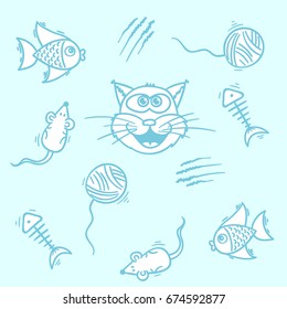 Kids style pattern or set. Cats - sweet pets collection, sketch doodle design elements