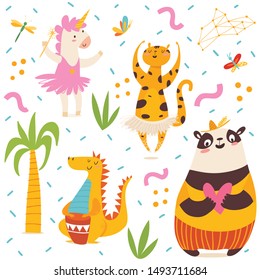 Kids style seamless pattern with cartoon magic  animals characters in modern flat style. Vector creative seamless pattern for background, textiles, wallpaper and wrapping paper design. 