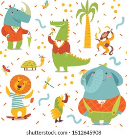 Kids style seamless pattern with cartoon Africa animals characters in modern flat style. Vector creative seamless pattern for background, textiles, wallpaper and wrapping paper design. 
