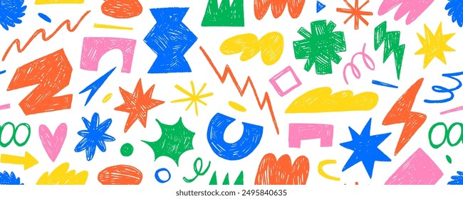 Kid's style seamless pattern with grunge geometric shapes and squiggles. Color crayons drawn funky abstract geometric shapes. Hand drawn kid's style background with doodle stickers.