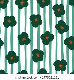 Kids style seamless pattern with random green childish daisy flowers print. Turquoise striped background. Great for fabric design, textile print, wrapping, cover. Vector illustration.