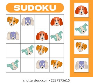 Kids sudoku 4x4 riddle game with cute dogs muzzles. Puppy tabletop puzzle. Children board game logic puzzle. Cartoon pets educational rebus. Vector illustration.