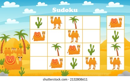 Kids sudoku board game with cartoon camel and cactus in desert. riddle with african animals characters, printable educational worksheet for sparetime