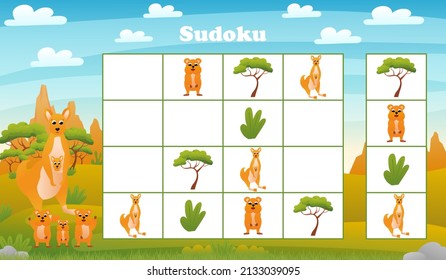 Kids sudoku board game with cartoon kangaroo and quokka in desert. riddle with australian animals characters, printable educational worksheet for sparetime