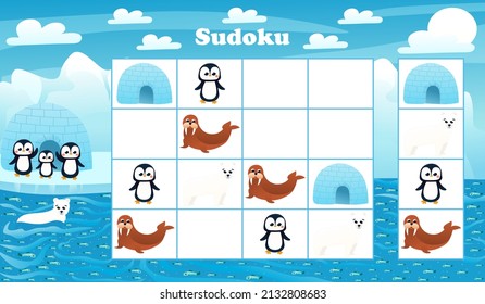 Kids sudoku game with cartoon penguin and polar bear in arctic. riddle with north pole animals characters, printable educational worksheet for sparetime