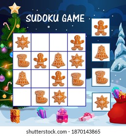 Kids sudoku game with Christmas gingerbread cookies. Children educational activity worksheet, logical maze or game with winter holidays sweets, decorated Christmas tree and gifts cartoon vector