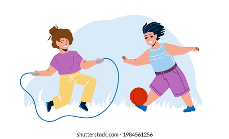 Kids Summer Active Games On Playground Vector. Preteen Boy Playing With Ball And Girl Jumping Rope, Kids Summer Activities. Characters Children Enjoying Together Flat Cartoon Illustration