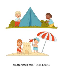 Kids Summer Activities Set. Happy Children Setting Up Tent And Building Sand Castle Cartoon Vector Illustration