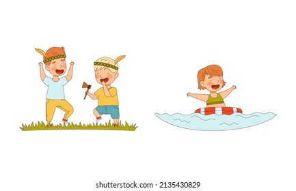 Kids summer activities set. Happy children playing games and swinging outdoors cartoon vector illustration