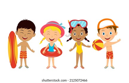 kids summer activity,girls with snorkeling gear and rubber ring,boys with surfing board and ball, illustration,vector