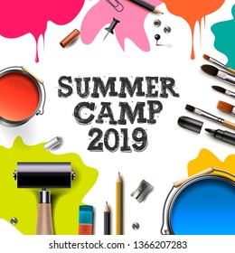 Kids Summer Camp 2019, Education, Creativity Art Concept. Banner Or Poster With White Background, Hand Drawn Letters, Pencil, Brush, Paints. Vector Illustration.