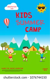 Kids summer camp ad, poster or flyer template with little children and outdoor landscape. Vector illustration