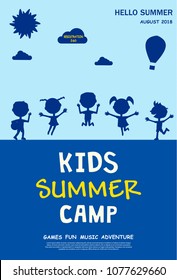 Kids summer camp ad, poster or flyer template with jumping little children silhouettes and outdoor landscape. Vector illustration