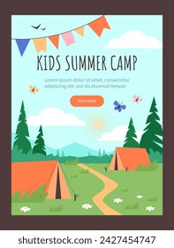 Kids summer camp advertising invitation poster. Nature landscape with camping tent in the forest. Cartoon vertical banner for nature tourism, camping, hiking and trekking. Outdoor activities