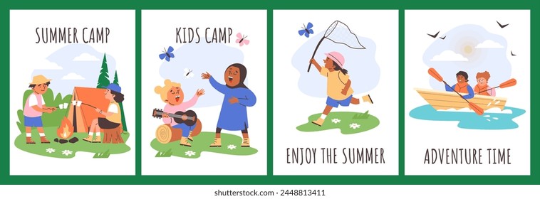 Kids summer camp advertising invitation posters set. Cartoon banners for nature tourism, camping and hiking. Enjoy outdoor activities, adventure time. Camping tent and campfire