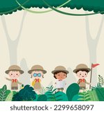 kids summer camp background education Banner Template,group of kids Scouts goes on a long walk in the forest, advertising brochure cartoon poster flyer your text ,Vector Illustration