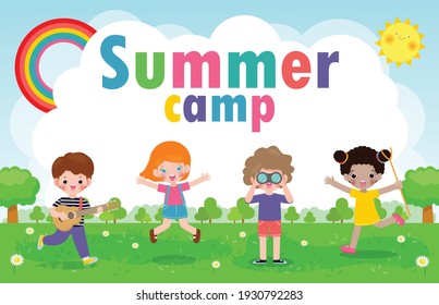 kids summer camp background education Template for advertising brochure or poster, happy children doing activities on camping, poster flyer template, your text ,Vector Illustration 