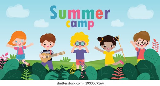 kids summer camp background education Template for advertising brochure or poster, happy children doing activities on camping, poster flyer template, your text ,Vector Illustration 