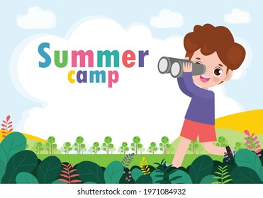 kids summer camp background education Template for advertising brochure or poster, happy children doing activities on camping and jumping, poster flyer template, your text ,Vector Illustration 