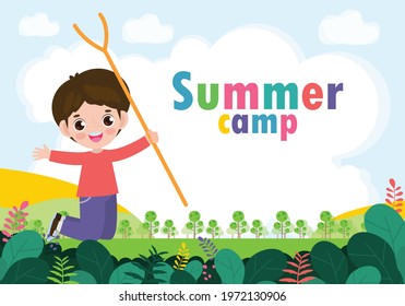 kids summer camp background education Template for advertising brochure or poster, happy children doing activities on camping and jumping, poster flyer template, your text ,Vector Illustration 