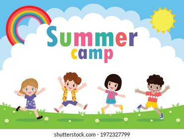 kids summer camp background education Template for advertising brochure or poster, happy children doing activities on camping and jumping, poster flyer template, your text ,Vector Illustration 