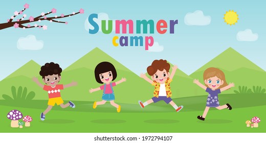 kids summer camp background education Template for advertising brochure or poster, happy children doing activities on camping and jumping, poster flyer template, your text ,Vector Illustration 