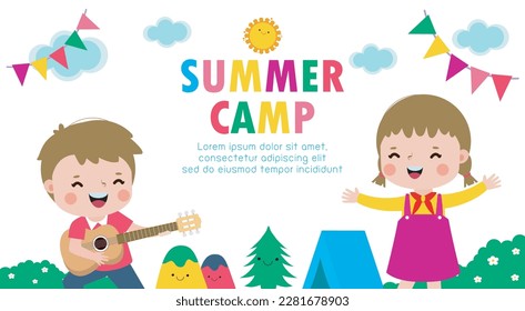 kids summer camp background education Banner Template for advertising brochure with cartoon of children doing activities on camping poster flyer your text ,Vector Illustration 